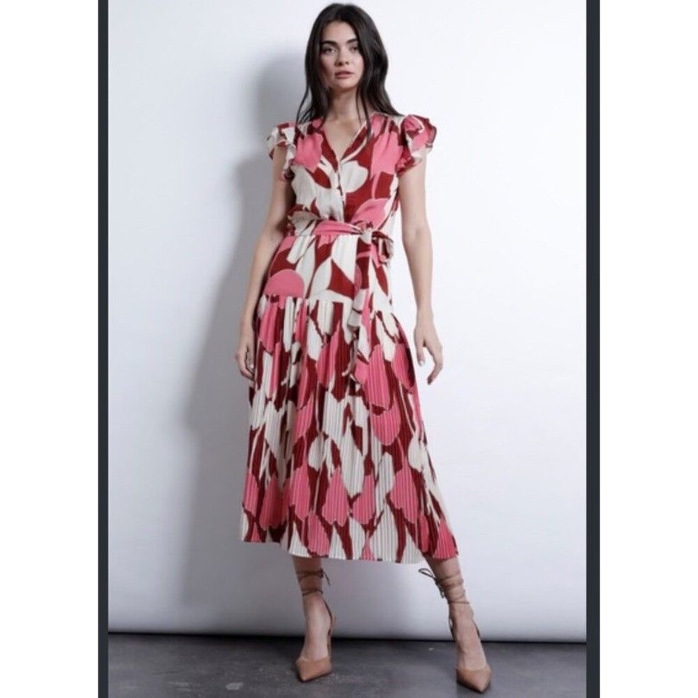 Karina Grimaldi Dress Midi Silk Size L Abstract Print A-line Wrap Geometric